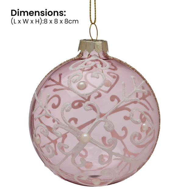 Christabelle Pink Glass Baubles 6Pcs with White Pattern & Pearls Balls Christmas Tree Decoration Ornament Image 3