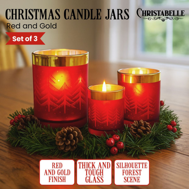 Christabelle Christmas Candle Jar Set of 3 Red and Gold Holiday Candle Holders Image 2