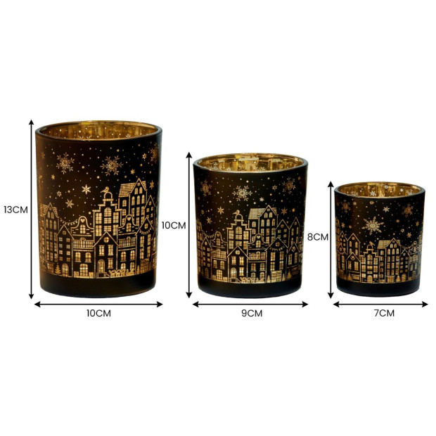 Christabelle Christmas Candle Jar Set of 3 Black and Gold Holiday Candle Holders Image 3