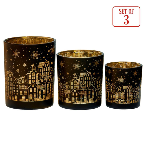 Christabelle Christmas Candle Jar Set of 3 Black and Gold Holiday Candle Holders Image 4
