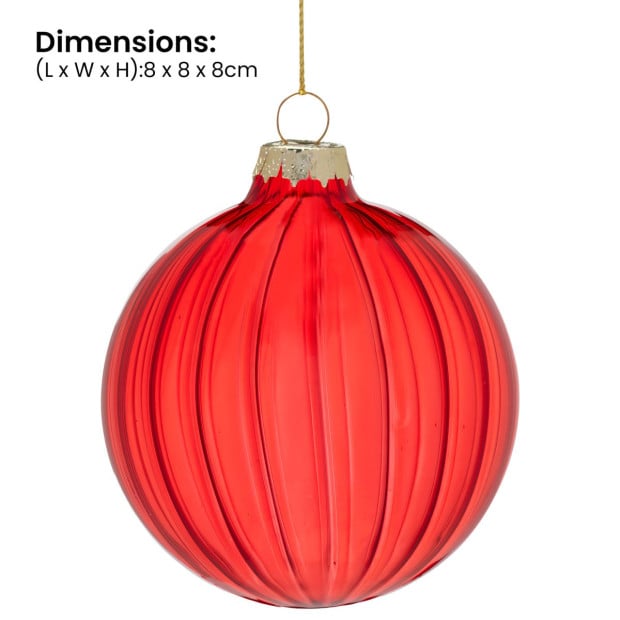 Christabelle Glossy Red Glass Baubles 6Pcs with Textured Stripe Pattern Balls Christmas Tree Decoration Ornament Image 4