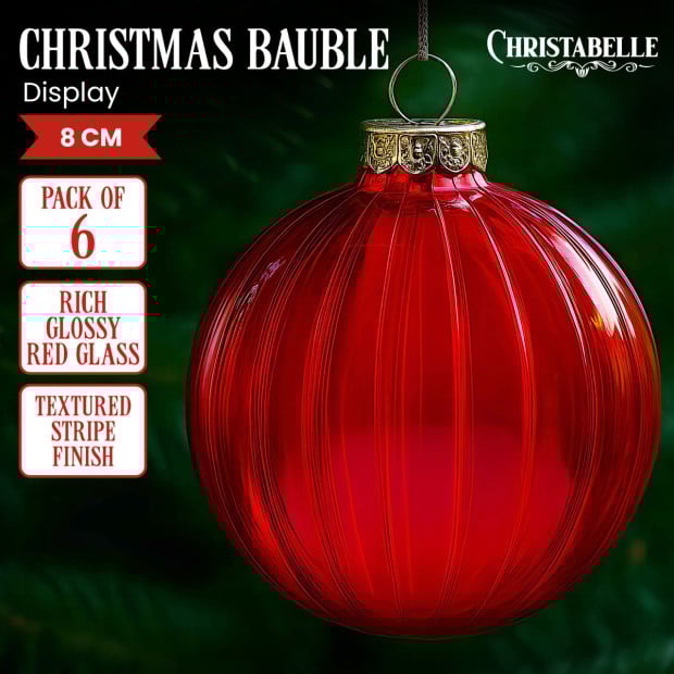 Christabelle Rich Glossy Red Glass Baubles 6Pcs with Textured Stripe Finish Balls Christmas Tree Decoration Ornament Image 3