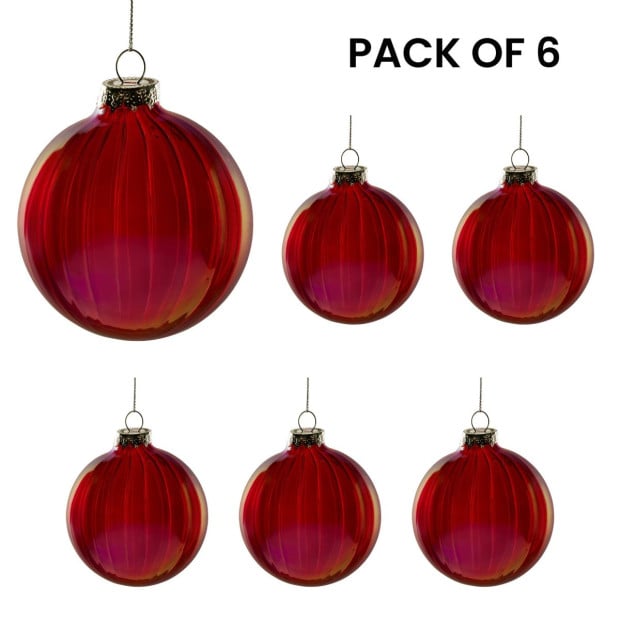 Christabelle Rich Glossy Red Glass Baubles 6Pcs with Textured Stripe Finish Balls Christmas Tree Decoration Ornament Image 5