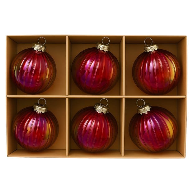 Christabelle Rich Glossy Red Glass Baubles 6Pcs with Textured Stripe Finish Balls Christmas Tree Decoration Ornament Image 6