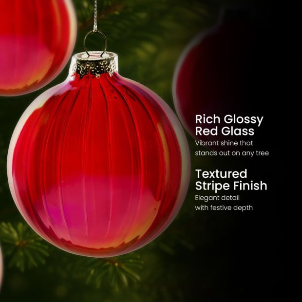 Christabelle Rich Glossy Red Glass Baubles 6Pcs with Textured Stripe Finish Balls Christmas Tree Decoration Ornament Image 7