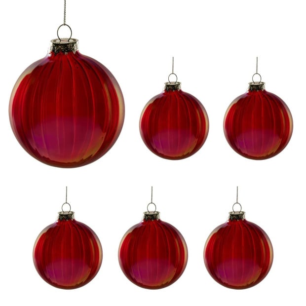 Christabelle Rich Glossy Red Glass Baubles 6Pcs with Textured Stripe Finish Balls Christmas Tree Decoration Ornament