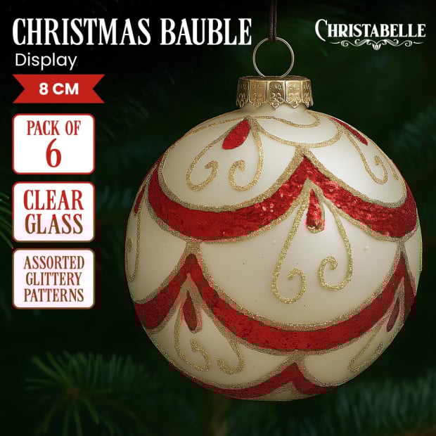 Christabelle White Glass Baubles 6Pcs with Red and Champagne Glitter Swirls Balls Christmas Tree Decoration Ornament Image 2