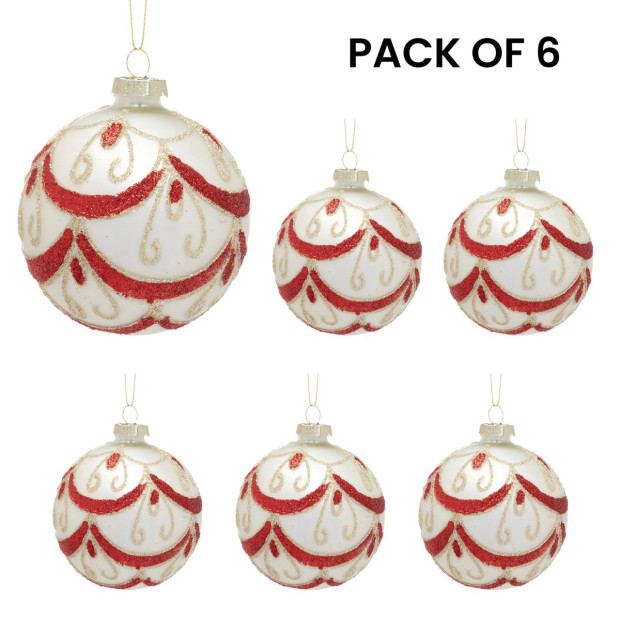 Christabelle White Glass Baubles 6Pcs with Red and Champagne Glitter Swirls Balls Christmas Tree Decoration Ornament Image 5