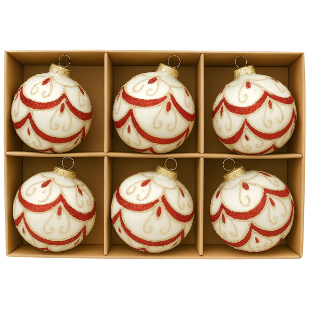 Christabelle White Glass Baubles 6Pcs with Red and Champagne Glitter Swirls Balls Christmas Tree Decoration Ornament Image 6
