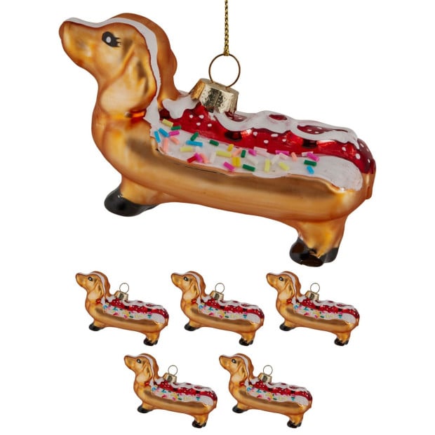 Christabelle Box of 6 Glass Sausage Dog Dachshund Hotdog Bauble Image 4