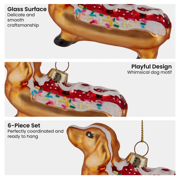 Christabelle Box of 6 Glass Sausage Dog Dachshund Hotdog Bauble Image 5