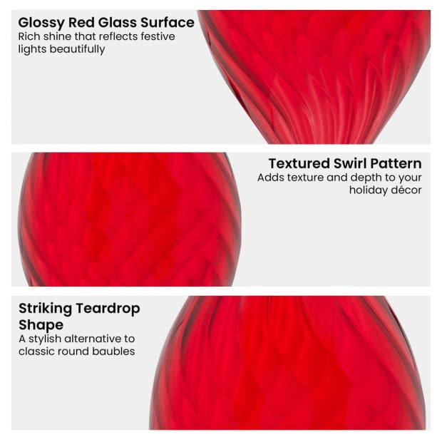Christabelle Box of 6 Glossy Red Glass Teardrop Baubles with Swirl Pattern Image 4