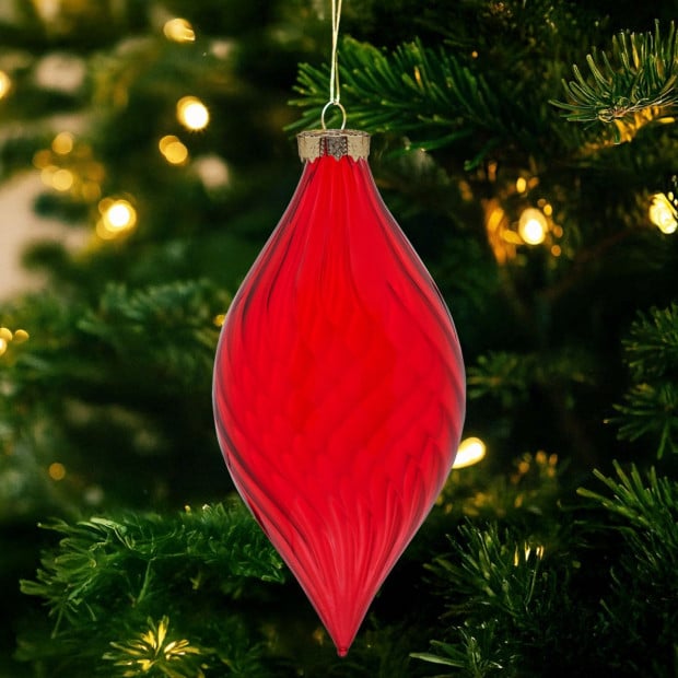 Christabelle Box of 6 Glossy Red Glass Teardrop Baubles with Swirl Pattern Image 5