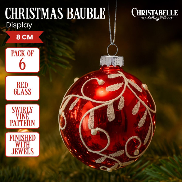 Christabelle Glossy Red Glass Baubles 6Pcs with Swirly Vine Pattern Balls Christmas Tree Decoration Ornament Image 3