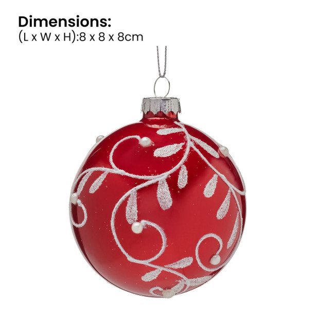 Christabelle Glossy Red Glass Baubles 6Pcs with Swirly Vine Pattern Balls Christmas Tree Decoration Ornament Image 5