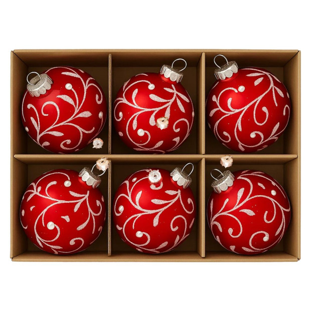 Christabelle Glossy Red Glass Baubles 6Pcs with Swirly Vine Pattern Balls Christmas Tree Decoration Ornament Image 6