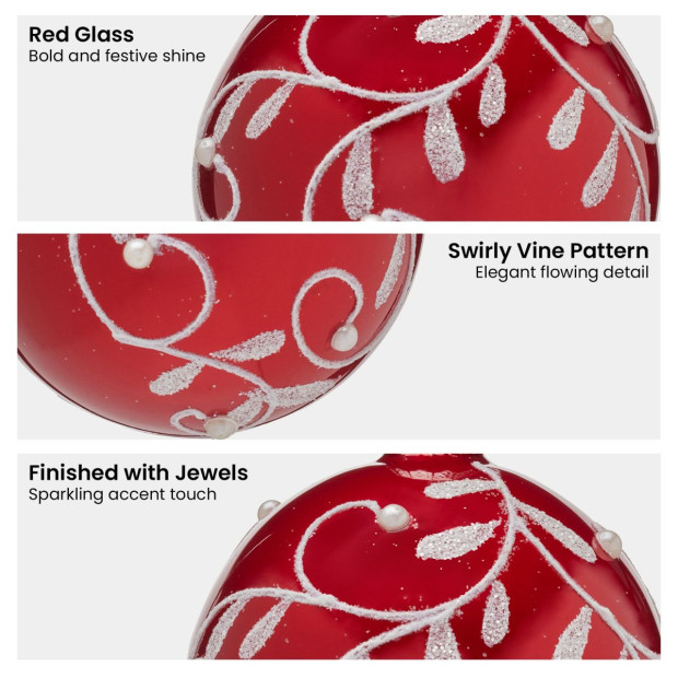 Christabelle Glossy Red Glass Baubles 6Pcs with Swirly Vine Pattern Balls Christmas Tree Decoration Ornament Image 7