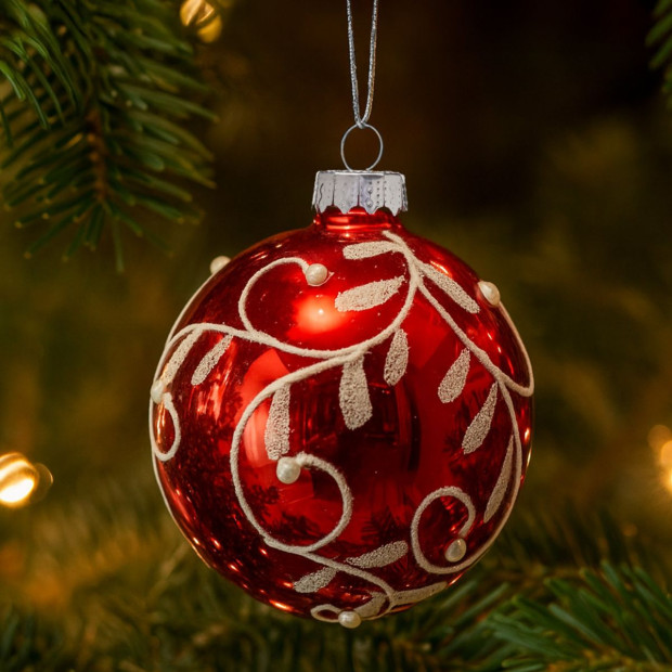 Christabelle Glossy Red Glass Baubles 6Pcs with Swirly Vine Pattern Balls Christmas Tree Decoration Ornament Image 2