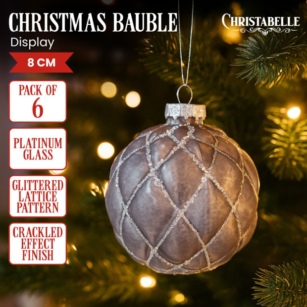 Christabelle Platinum Glass Baubles 6Pcs with Glittered Lattice Pattern Balls Christmas Tree Decoration Ornament Image 3