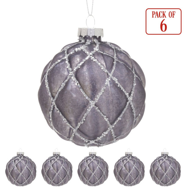 Christabelle Platinum Glass Baubles 6Pcs with Glittered Lattice Pattern Balls Christmas Tree Decoration Ornament Image 5