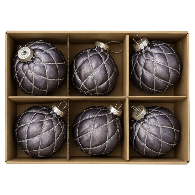 Christabelle Platinum Glass Baubles 6Pcs with Glittered Lattice Pattern Balls Christmas Tree Decoration Ornament Image 6