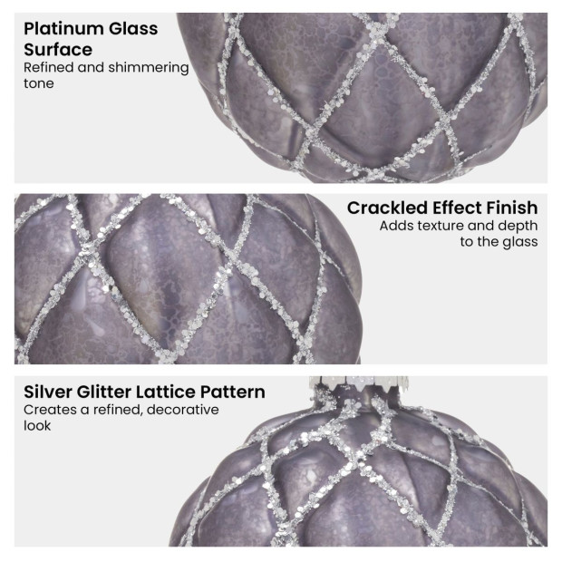Christabelle Platinum Glass Baubles 6Pcs with Glittered Lattice Pattern Balls Christmas Tree Decoration Ornament Image 7