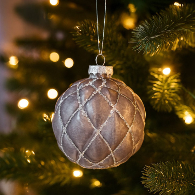 Christabelle Platinum Glass Baubles 6Pcs with Glittered Lattice Pattern Balls Christmas Tree Decoration Ornament Image 2