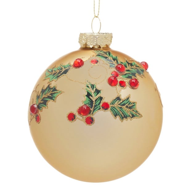 Christabelle Box of 6 Gold Glass Baubles with Holly Pattern and Jewels Image 2