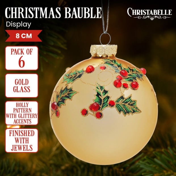 Christabelle Box of 6 Gold Glass Baubles with Holly Pattern and Jewels