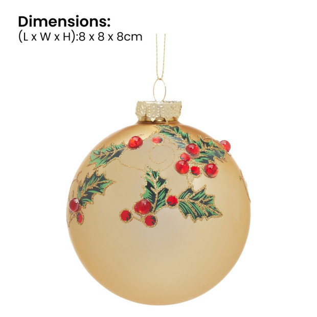Christabelle Box of 6 Gold Glass Baubles with Holly Pattern and Jewels Image 3
