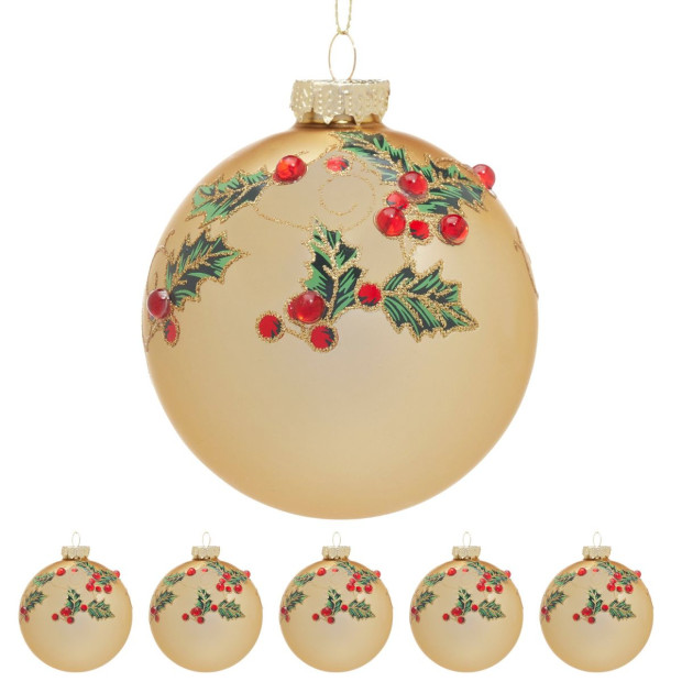 Christabelle Box of 6 Gold Glass Baubles with Holly Pattern and Jewels Image 4