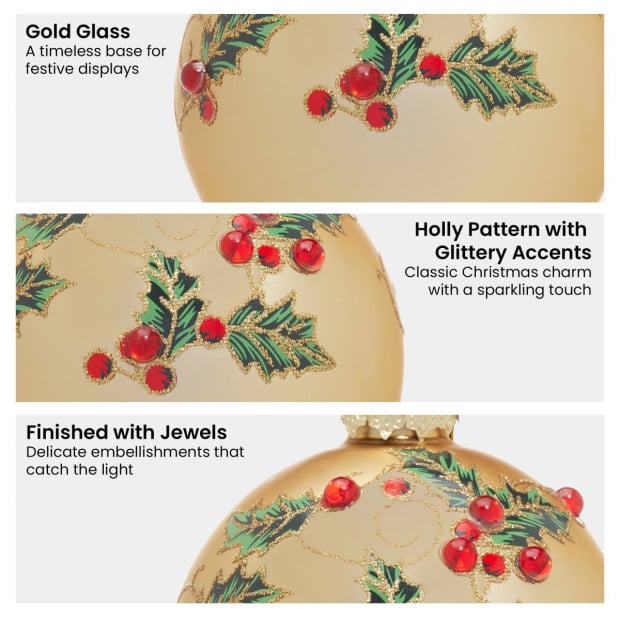 Christabelle Box of 6 Gold Glass Baubles with Holly Pattern and Jewels Image 5