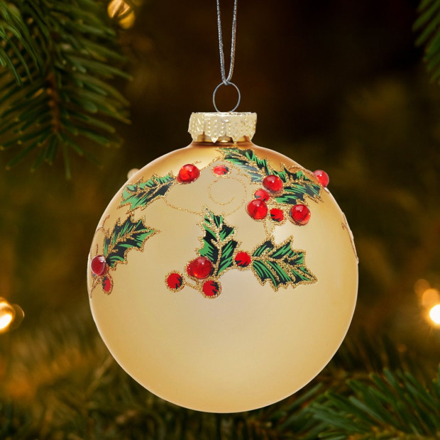Christabelle Box of 6 Gold Glass Baubles with Holly Pattern and Jewels Image 6