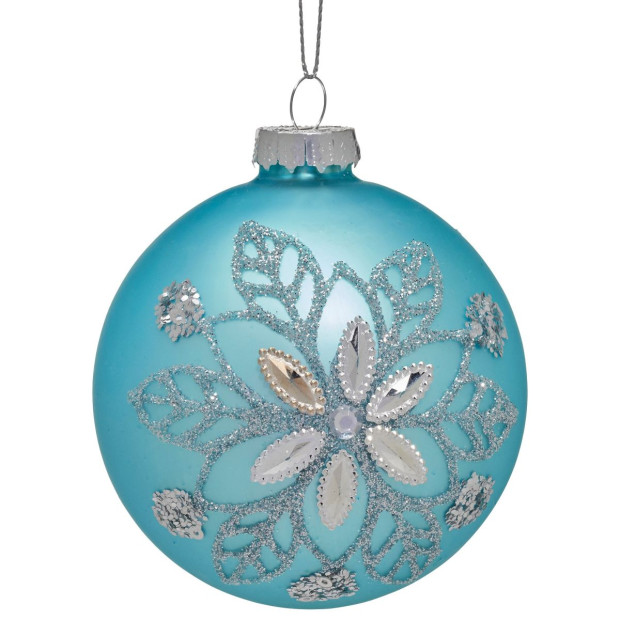 Christabelle Box of 6 Teal Glass Baubles with Snowflake Pattern & Central Jewel Image 2