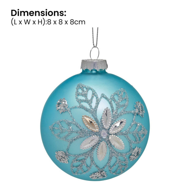 Christabelle Box of 6 Teal Glass Baubles with Snowflake Pattern & Central Jewel Image 3