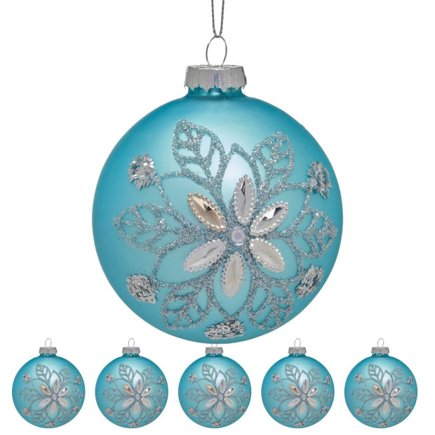 Christabelle Box of 6 Teal Glass Baubles with Snowflake Pattern & Central Jewel Image 4