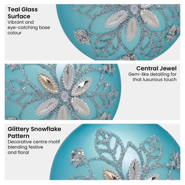 Christabelle Box of 6 Teal Glass Baubles with Snowflake Pattern & Central Jewel Image 5