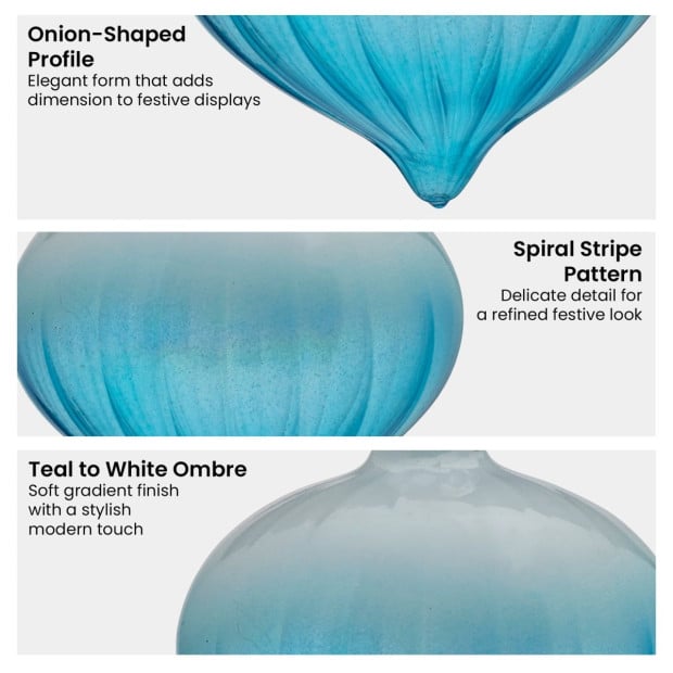 Christabelle Box of 6 Teal Ombre Glass Onion Baubles with Spiral Stripes Image 5