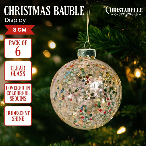 Christabelle Clear Glass Baubles 6Pcs with Colourful Sequins Balls Christmas Tree Decoration Ornament Image 3