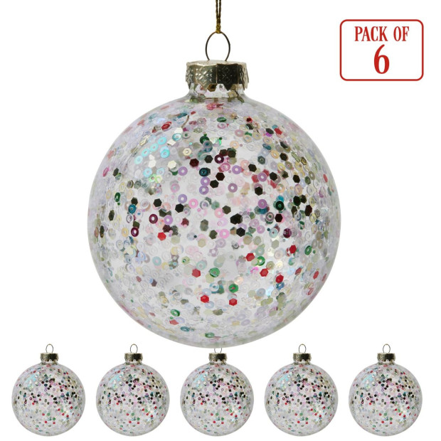 Christabelle Clear Glass Baubles 6Pcs with Colourful Sequins Balls Christmas Tree Decoration Ornament Image 5