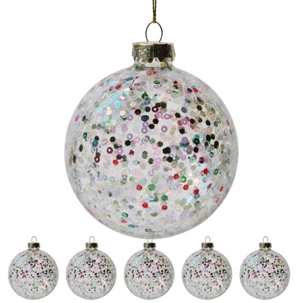 Christabelle Clear Glass Baubles 6Pcs with Colourful Sequins Balls Christmas Tree Decoration Ornament