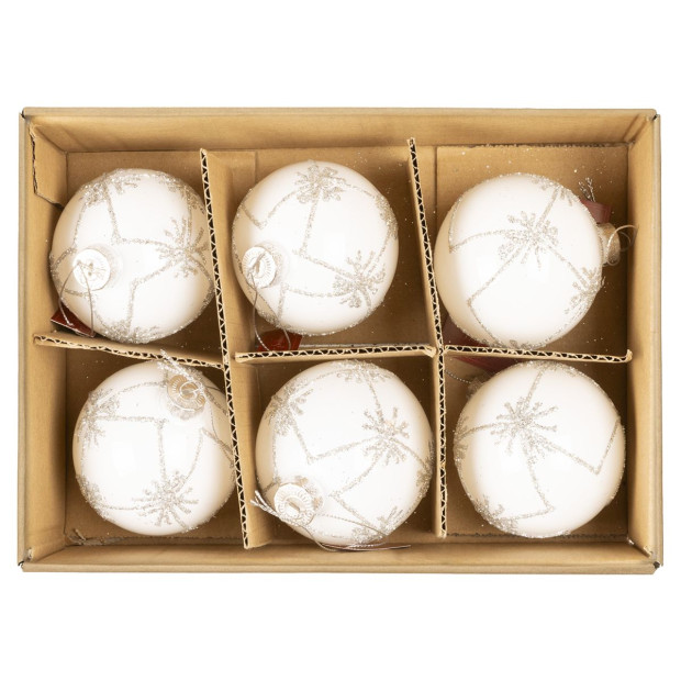 Christabelle Matt White Glass Baubles 6Pcs with Glitter Pattern & Pearls Balls Christmas Tree Decoration Ornament Image 6