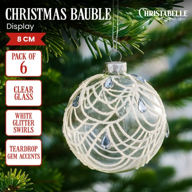 Christabelle Clear Glass Baubles 6Pcs with White Swirls & Teardrop Gems Balls Christmas Tree Decoration Ornament Image 3
