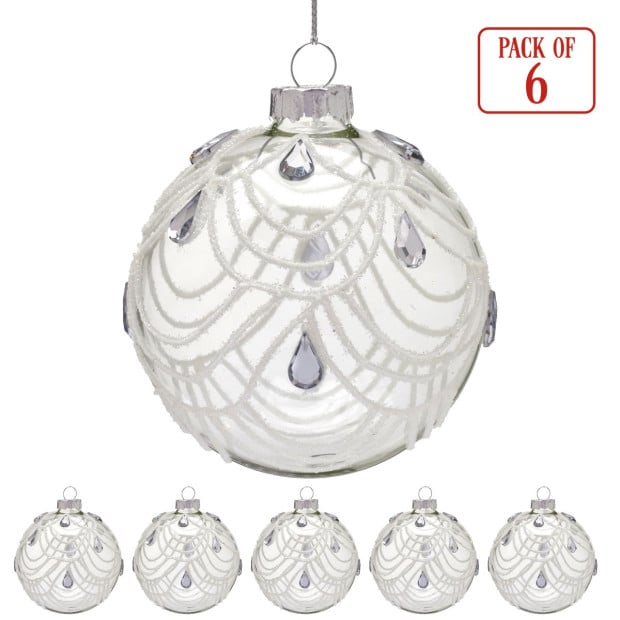 Christabelle Clear Glass Baubles 6Pcs with White Swirls & Teardrop Gems Balls Christmas Tree Decoration Ornament Image 5