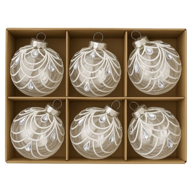 Christabelle Clear Glass Baubles 6Pcs with White Swirls & Teardrop Gems Balls Christmas Tree Decoration Ornament Image 6