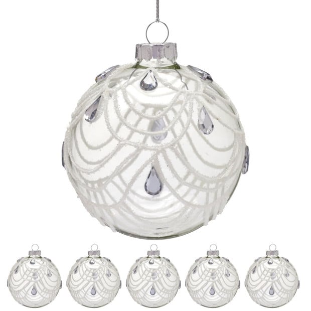 Christabelle Clear Glass Baubles 6Pcs with White Swirls & Teardrop Gems Balls Christmas Tree Decoration Ornament