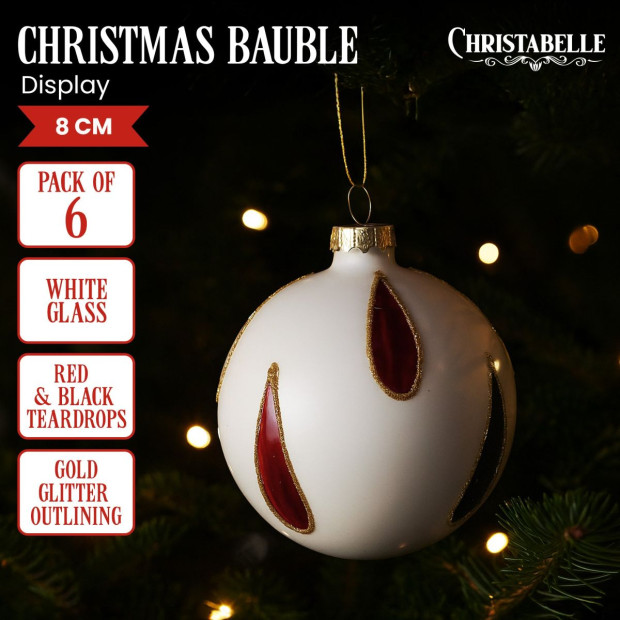 Christabelle White Glass Baubles 6Pcs with Red & Black Teardrops Balls Christmas Tree Decoration Ornament Image 3
