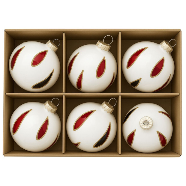 Christabelle White Glass Baubles 6Pcs with Red & Black Teardrops Balls Christmas Tree Decoration Ornament Image 5