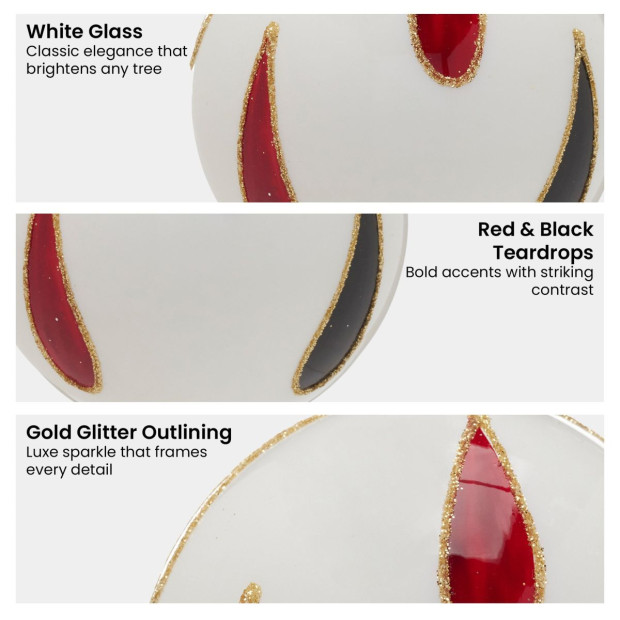 Christabelle White Glass Baubles 6Pcs with Red & Black Teardrops Balls Christmas Tree Decoration Ornament Image 6