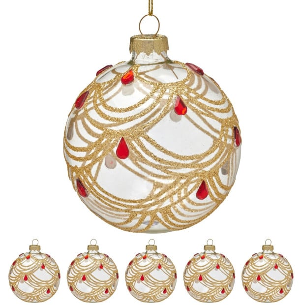 Christabelle Box of 6 Clear Glass Baubles with Gold Swirls and Jewels Image 4